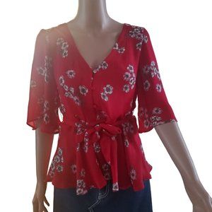 CUPCAKES & CASHMERE TIPTON Floral Cherry Blossom Blouse Top Peplum Hem Size S